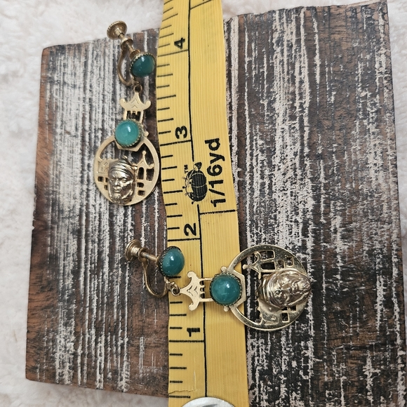 Ancient Chinese Zhou armor Warrior Samurai Japan Gold Tone Jade Stone Earrings - Picture 2 of 12